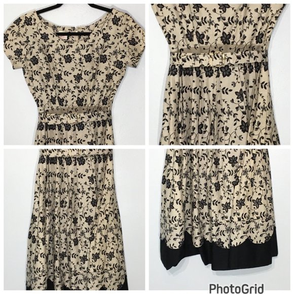 Vintage 50s Tan Floral Fit and Flare Party Dress Matching Belt Pleated Skirt VLV - Picture 5 of 16